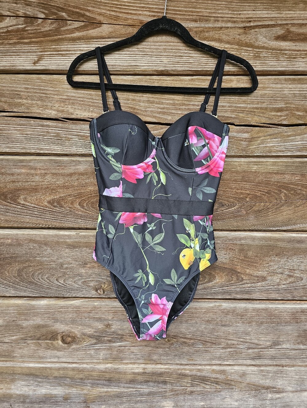 Ted Baker London One Piece Swimsuit Black Floral Lemon Print Underwire Bustier - Picture 10 of 14